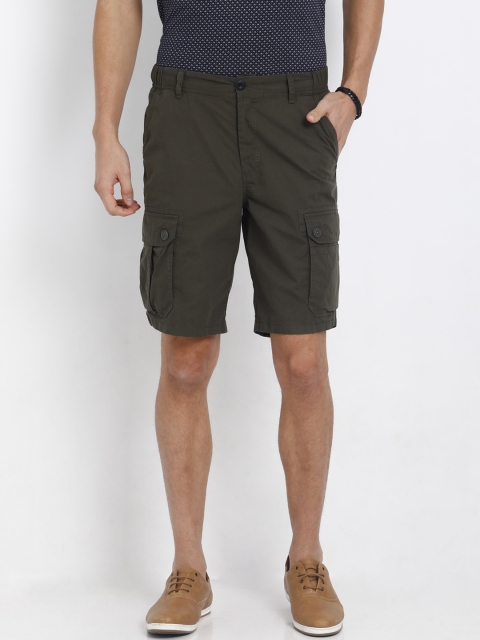 

t-base Men Olive Green Solid Regular Fit Cargo Shorts