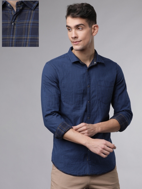 

Ecko Unltd Men Navy Blue Slim Fit Checked Reversible Casual Shirt