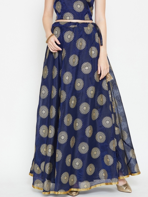 

studio rasa Women Navy Blue & Gold-Toned Foil Printed A-Line Maxi Bias Skirt