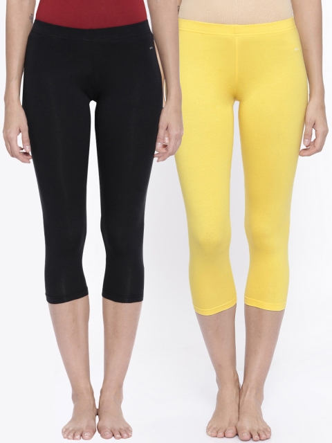 

Bitz Women Pack of 2 Solid Pure Organic Cotton Capri Leggings Com8, Black
