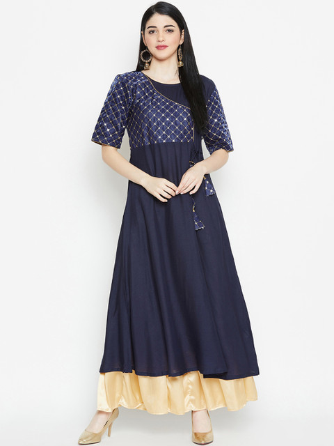 

studio rasa Women Navy Blue & Gold-Toned Embroidered A-Line Kurta