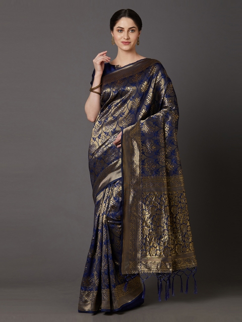 

Mitera Navy Blue & Gold-Toned Silk Blend Woven Design Banarasi Saree