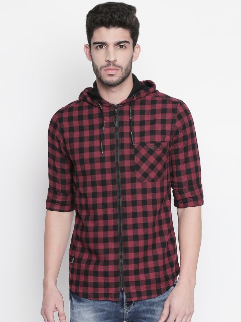 

Mufti Men Black & Burgundy Slim Fit Checked Hooded Casual Shirt