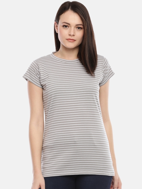 

GOLDSTROMS Women Grey & White Striped Round Neck Cotton T-shirt