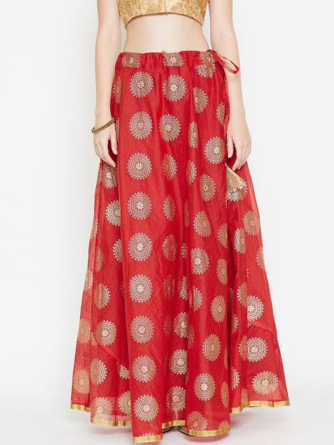 

studio rasa Women Maroon & Gold-Toned Foil Printed A-Line Maxi Bias Skirt