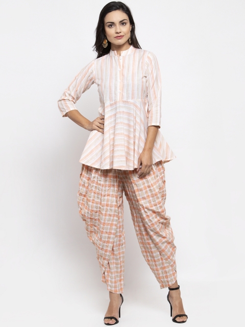 

Jompers Women White & Orange Striped Kurti with Dhoti Pants