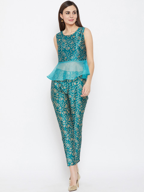 

studio rasa Women Sea Green & Gold-Coloured Printed Top with Trousers