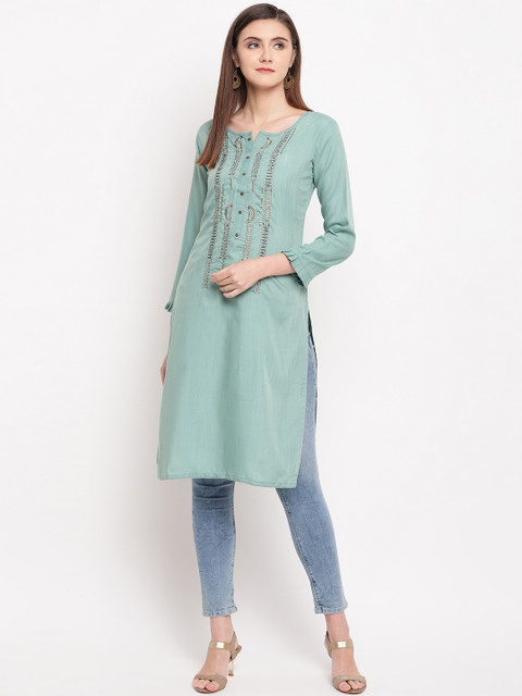 

Kvsfab Women Sea Green Embroidered Straight Kurta