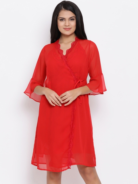 

Clovia Women Red Solid Lace Sheer Bridal Robe