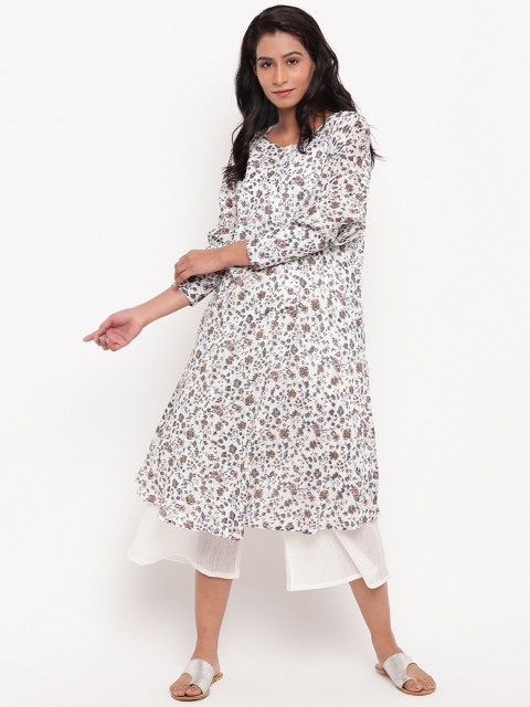 

trueBrowns Women White & Blue Floral Printed A-Line Kurta