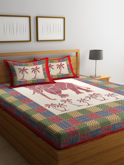 

Rajasthan Decor Beige & Pink Floral 144 TC Cotton 1 Queen Bedsheet with 2 Pillow Covers