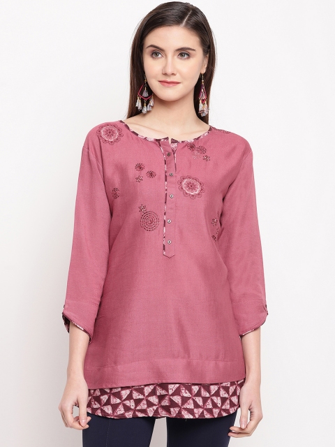 

Kvsfab Women Pink Embroidered Straight Kurti