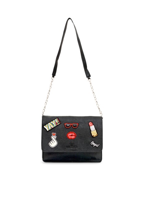 

Pink Potato Black Self Design Leather Shoulder Bag