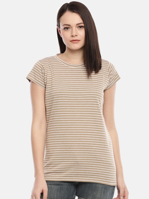 

GOLDSTROMS Women Khaki & White Striped Round Neck T-shirt
