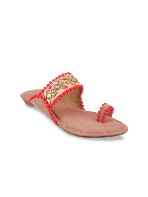 

Mochi Women Coral Red & Beige Embellished One Toe Flats