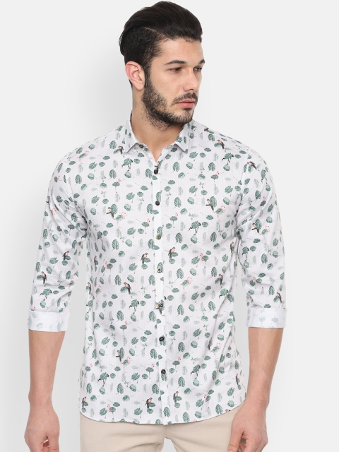 

V Dot Men White & Green Slim Fit Printed Casual Shirt