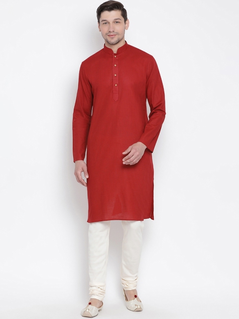 

VASTRAMAY Men Maroon & Cream-Coloured Solid Kurta with Pyjamas