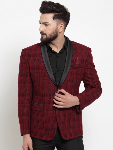 

KLOTTHE Men Maroon & Black Checked Slim-Fit Tuxedo Party Blazer