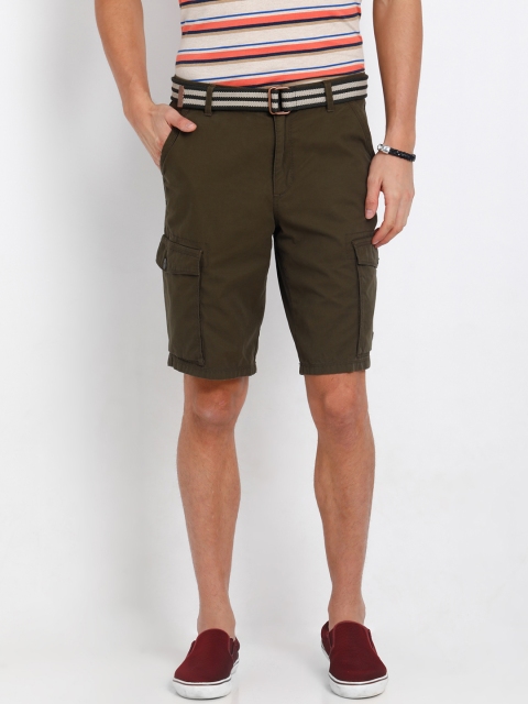 t-base Men Olive Green Solid Regular Fit Cargo Shorts