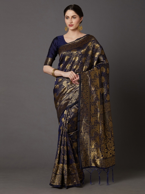 

Mitera Navy Blue & Gold-Toned Silk Blend Woven Design Banarasi Saree