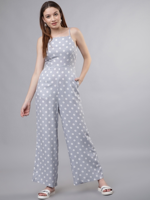 

Tokyo Talkies Women Grey & Off-White Polka Dot Printed Basic Jumpsuit