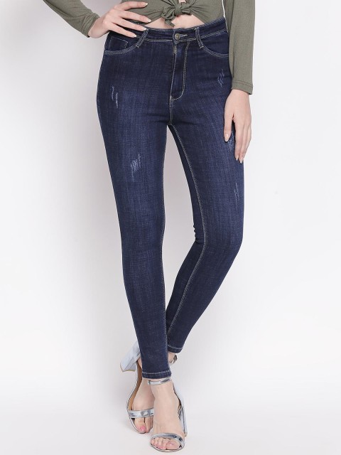 

fungus Women Navy Blue Slim Fit High-Rise Mildly Distressed Stretchable Jeans