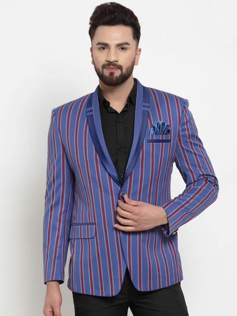

KLOTTHE Men Blue & Red Striped Slim-Fit Tuxedo Party Blazer