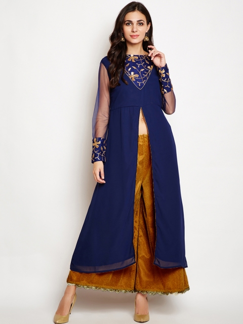 

studio rasa Women Navy Blue Embroidered A-Line Kurta