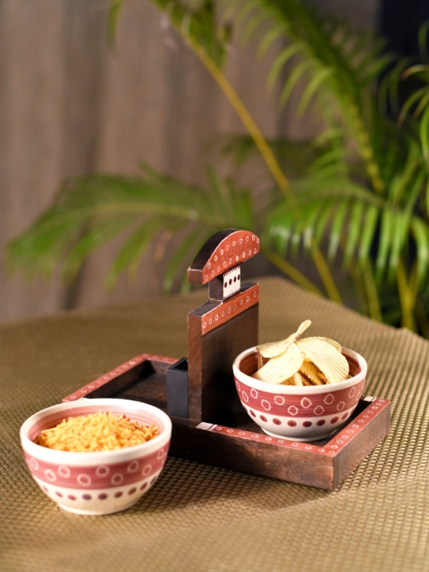 

Unravel India Set of 2 Pink Handpainted Snack Bowls With Brown Wooden Tray