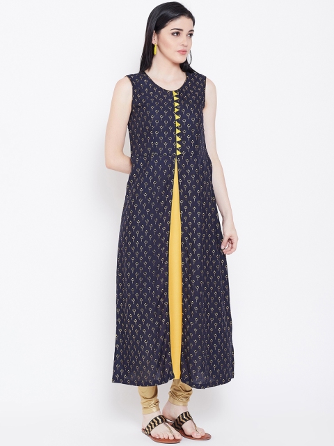 studio rasa Women Navy Blue & Golden Block Print A-Line Kurta