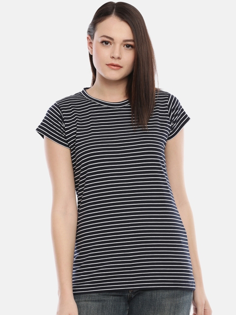 

GOLDSTROMS Women Navy Blue & White Striped Round Neck T-shirt