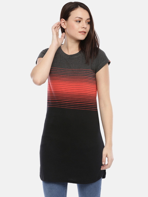 

GOLDSTROMS Women Charcoal Grey & Red Striped Round Neck Longline T-shirt