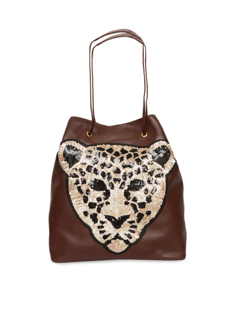 

Pink Potato Brown & Gold-Toned Embellished Leather Handheld Bag
