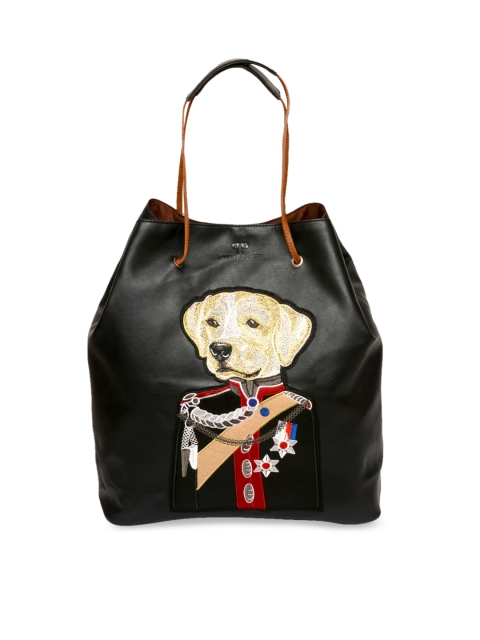 

Pink Potato Black & Beige Embellished Leather Handheld Bag