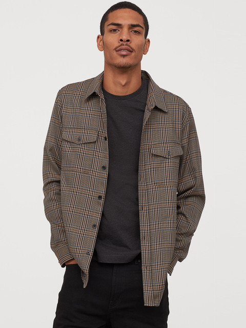 

H&M Men Beige Checked Shirt Regular Fit