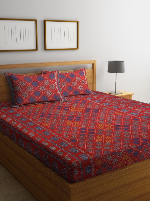 

Rajasthan Decor Red & Blue Ethnic Motifs 144 TC Cotton 1 King Bedsheet with 2 Pillow Covers