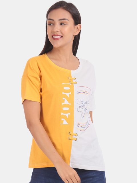 

Sugr Women Yellow White Colourblocked Round Neck Pure Cotton T-shirt