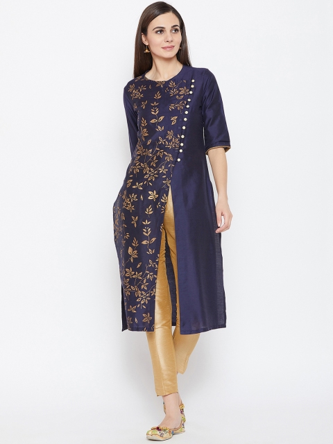 

studio rasa Women Navy Blue & Gold-Coloured Printed Straight Kurta
