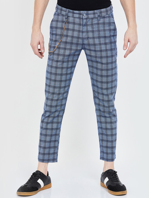 

CODE by Lifestyle Men Navy Blue & Black Tapered Fit Checked Regular Trousers