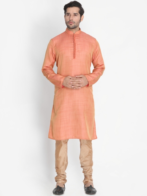 

VASTRAMAY Men Orange & Rose Gold-Coloured Solid Kurta with Pyjamas