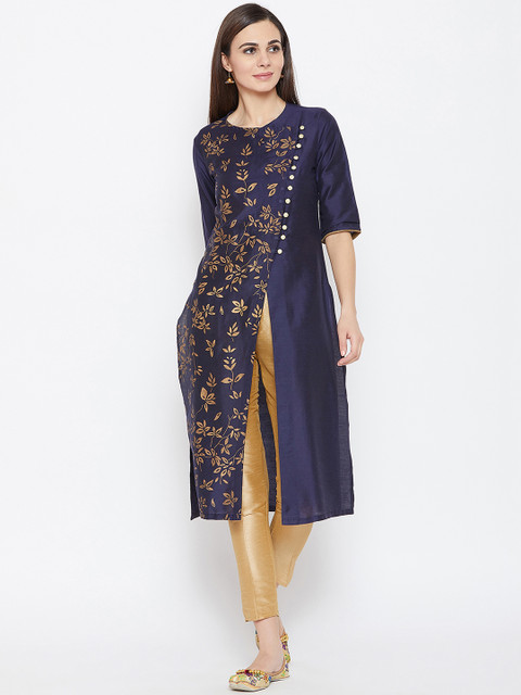 

studio rasa Women Navy Blue & Gold-Coloured Printed Kurta with Trousers