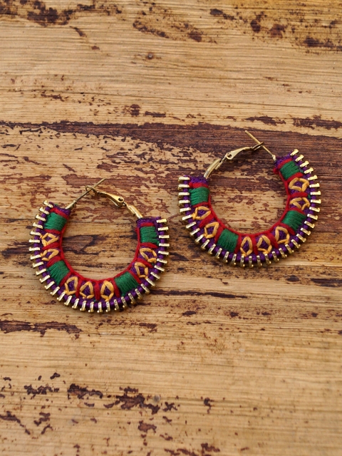 

Anetra Green & Purple Circular Gold-Plated Hoop Earrings