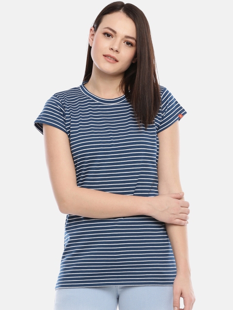 

GOLDSTROMS Women Blue & White Striped Round Neck T-shirt
