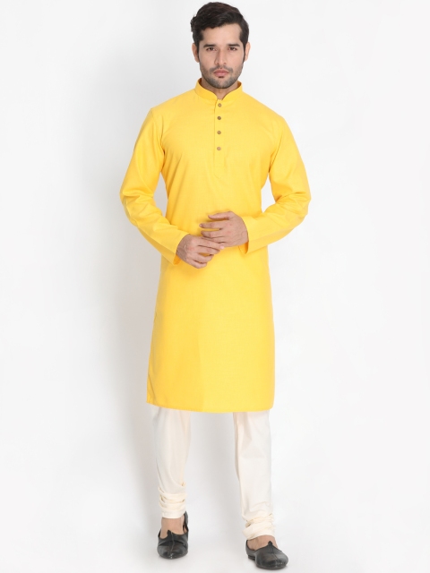 

VASTRAMAY Men Yellow & Cream-Coloured Solid Kurta with Pyjamas