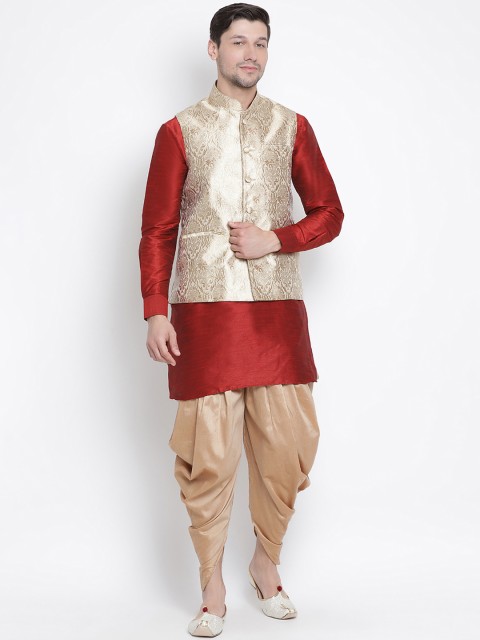 

VASTRAMAY Men Maroon & Rose Gold-Coloured Solid Kurta with Dhoti Pants