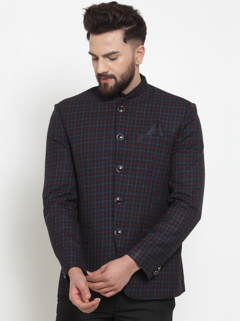 

KLOTTHE Men Black & Blue Checked Slim-Fit Bandhgala Party Blazer