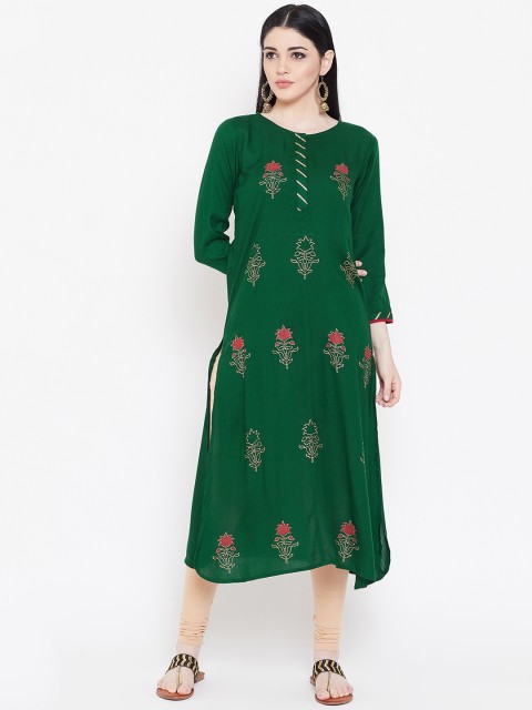

studio rasa Women Green & Pink Block Print Straight Kurta