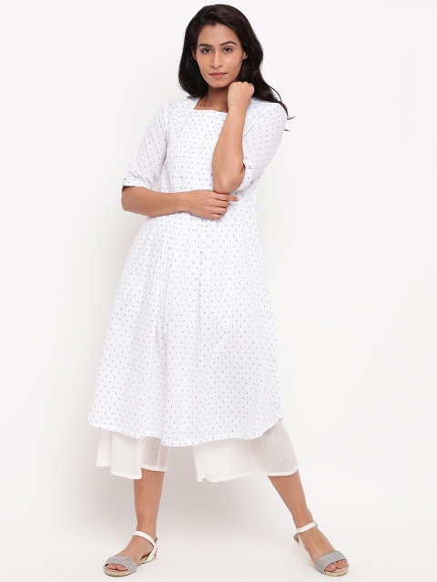 

trueBrowns Women White & Blue Printed A-Line Kurta