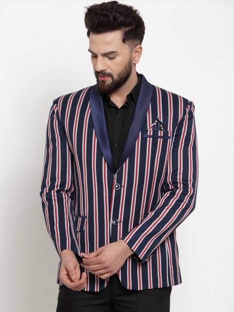 

KLOTTHE Men Blue & White Striped Slim-Fit Tuxedo Party Blazer