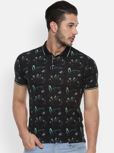 

V Dot Men Black Green Printed Polo Collar Pure Cotton T-shirt